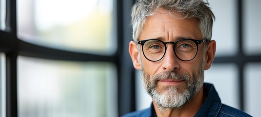 Confident middle aged businessman wearing glasses in office setting, with copy space