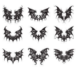 A collection of modern-style vector bat wings the style of classical engraving for creating tattoos, temporary tattoos, stickers and more