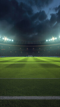 Evening football stadium with green grass and lights,