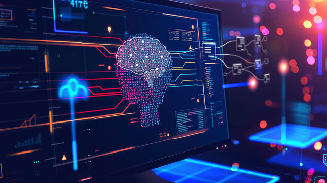 Capturing the future of tech, this image highlights an AI development process with predictive analytics and visual data insights.