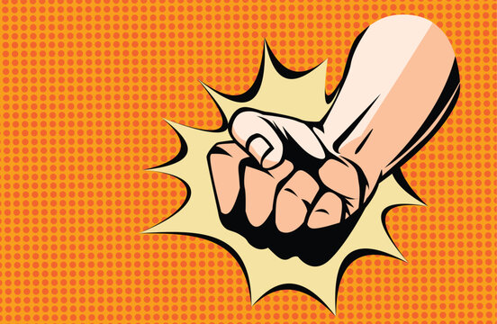 Hand fist with comics background. Blow fist flat cartoon banner. Vector hand strike as a concept energy and power