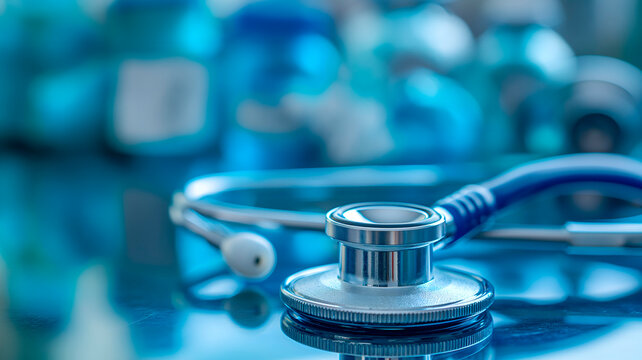 estetoscopio para diagn&oacute;stico m&eacute;dico sobre fondo azul de laboratorio de ciencias de la salud