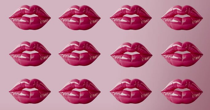 Pattern of  female pink latex lips  on light pink background. The makeup and lip gloss are sexy and glamorous in detail. 4K video. Generative AI