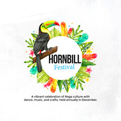 Hornbill Festival Poster - Traditional Elements: Celebrate the Hornbill Festival with this vibrant poster showcasing traditional elements and a hornbill bird.	