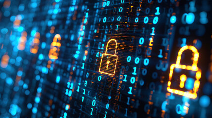 Explore the essence of cybersecurity with a close-up view of a digital padlock icon and binary code on a computer screen, symbolizing robust digital security.