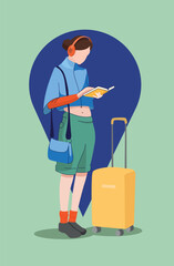 An attractive young tourist traveling on her own. Vector illustration. Traveling with luggage illustration. Woman with headphones and book in hand.