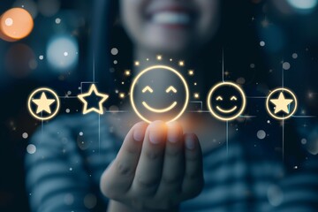 Blessed emoticon verbal expression star ratings. Sociable passionate team communication external client feedback. Managing client reviews. Star emoji happy smileys, positive everlasting smiling symbol - obrazy, fototapety, plakaty