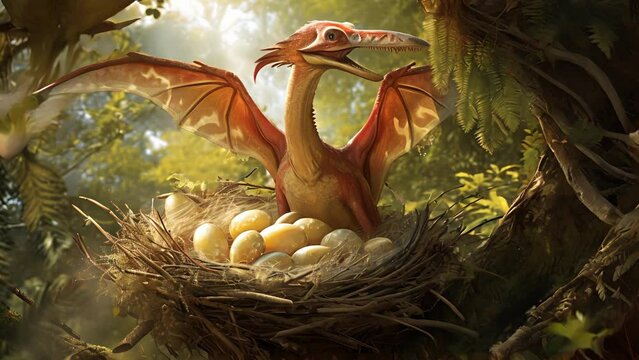A loving Pterodactylus perches atop its nest keeping its eggs warm and safe until they hatch into baby pterodactyls.