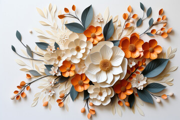 Flat lay composition bouquet of white and orange flowers on a white background