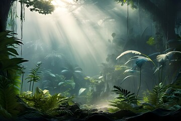 Dark rainforest, sun rays through the trees, rich jungle greenery. Atmospheric fantasy forest. 3D illustration.