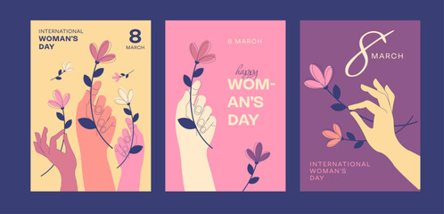 Set of 3 postcards for international woman day. Vector illustration. March 8, women portraits pink, purple, yellow, orange, blue