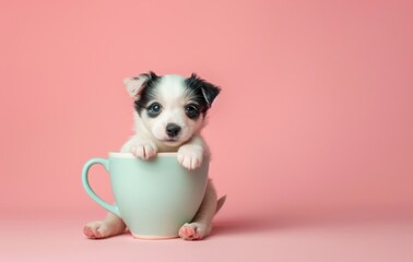 Adorable miniature puppy cozily nestled in a ceramic tea cup, enjoying some indoor relaxation with a touch of elegance