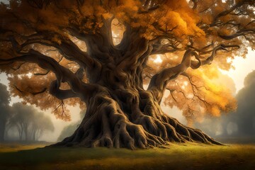 Tell the tale of a wise old tree with the ability to share ancient stories through rustling leaves. 