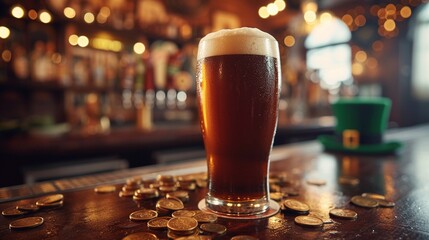 Pint of dark Irish stout beer with frothy foam head. Irish pub with St. Patrick's Day decor, green top hat, gold coins. Wide format horizontal wallpaper. AI Generated - obrazy, fototapety, plakaty