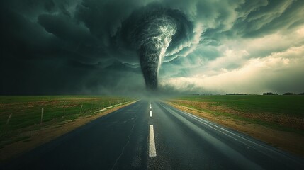 Dramatic tornado forming on a deserted highway under stormy skies - obrazy, fototapety, plakaty