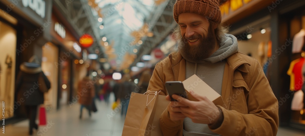 Poster joyful bearded man using smartphone in busy shopping center with space for text placement