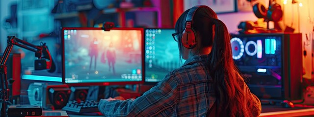 Immersed in the world of esports and online gaming, a woman engages in live streaming her video game session, sharing her passion with the online community.