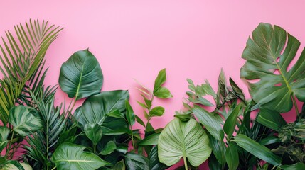 Fototapeta na wymiar Tropical leaves on pink background