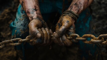 Rusty steel chain shackling close up of man s hands, representing captivity and restraint. - obrazy, fototapety, plakaty