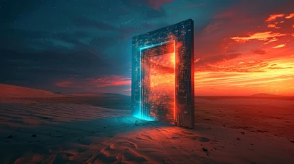 Fotobehang A portal to a future world opens into a stunning sunset on a desolate alien landscape © nur