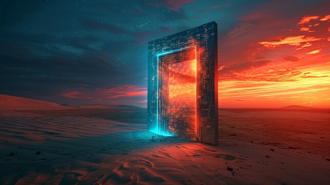 A portal to a future world opens into a stunning sunset on a desolate alien landscape