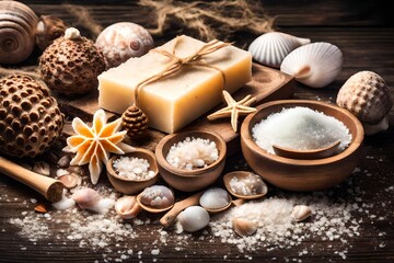 Spa and beauty background. bomb,handmade soap bar,seashells and aromatherapy salt on wooden planks. Close up view - obrazy, fototapety, plakaty