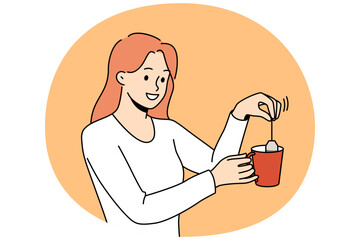 Smiling woman make tea in cup. Happy girl prepare warm drink with bag. Hot beverage for relaxation. Vector illustration.