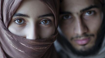 Portrait of a man and a woman wearing headscarves with their faces covered.
 - obrazy, fototapety, plakaty