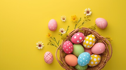 Fototapeta na wymiar Promotional banner for Easter sales and deals. Images of Easter eggs. Colorful Painted Eggs Filling a Basket on a Table. Easter holiday background with easter eggs.