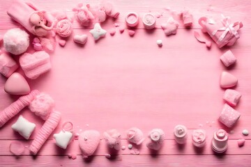 Its a Girl pink theme Baby Shower or Nursery background with decorated borders on pink wood background