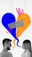 Poster. Contemporary art collage. Man and woman facing each other, try to glue with their dialogue two halves of heart with patch. Concept of concept of relationship, break, active listening. - obrazy, fototapety, plakaty