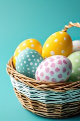 Happy Easter day decoration colorful eggs in nest on paper background with copy space Promotional banner for Easter.  Images of Easter eggs.