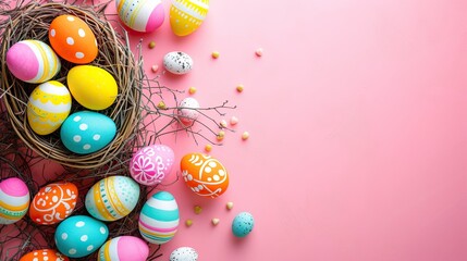 Fototapeta na wymiar Happy Easter day decoration colorful eggs in nest on paper background with copy space Promotional banner for Easter. Images of Easter eggs.