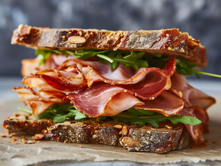 Sandwich with pieces of dried meat mortadella and greens. Italian snack in close-up.  Photorealistic, background with bokeh effect.  - obrazy, fototapety, plakaty