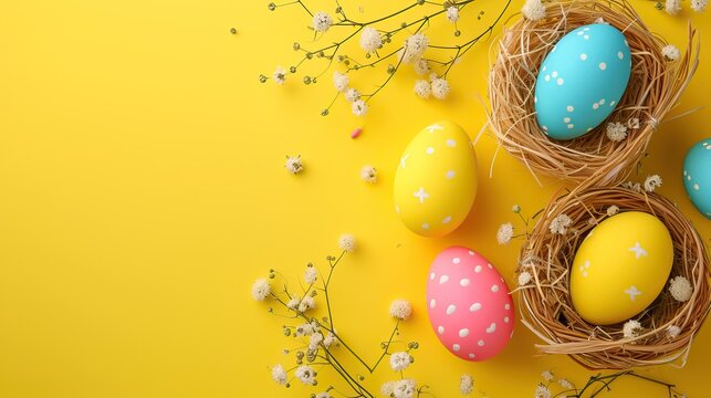 Promotional banner for Easter sales and deals.  Images of Easter eggs. Colorful Painted Eggs Filling a Basket on a Table. Easter holiday background with easter eggs.