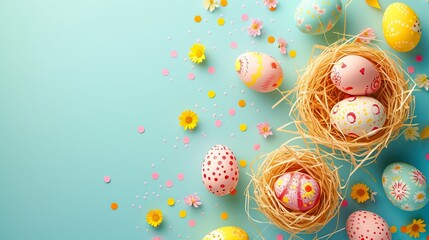 Happy Easter day decoration colorful eggs. Promotional banner for Easter.  Images of Easter eggs.  Colorful Easter eggs on pastel background. Creative design.