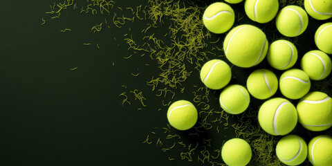 Sport style border design with tennis balls and grass background flatlay. - obrazy, fototapety, plakaty