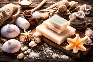 Spa and beauty background. bomb,handmade soap bar,seashells and aromatherapy salt on wooden planks. Close up view