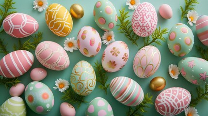 Fototapeta na wymiar Easter greeting card background. Festive, colorful Easter eggs. Greetings and presents for Easter Day. Promotion and shopping template for Easter.