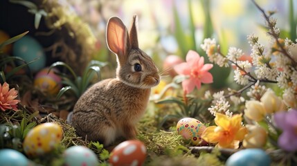 Fototapeta na wymiar Easter fantasy world with realistic rabbit and egg decorations blend seamlessly with the natural environment, creating a visually stunning and believable Easter scene.