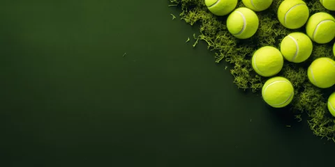 Fotobehang Sport style border design with tennis balls and grass background flatlay. © Cala Serrano
