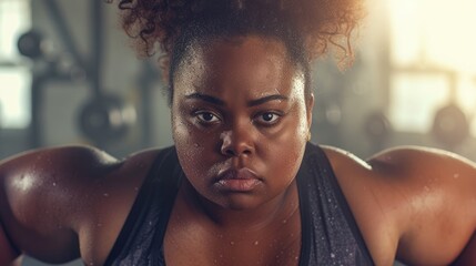 Demonstrating determination, an overweight woman engages in cardio exercise at the gym, embodying commitment to her fitness journey. - obrazy, fototapety, plakaty