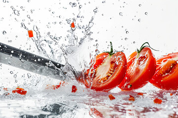 tomatoes slices with knife and water drops and splashes on white background