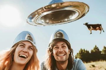 Poster man and woman holding metallic hats, flying cow in the sky, exaggerated emotions, futuristic spaceship, ufos in the sky, conspiracy theory concept © zgurski1980