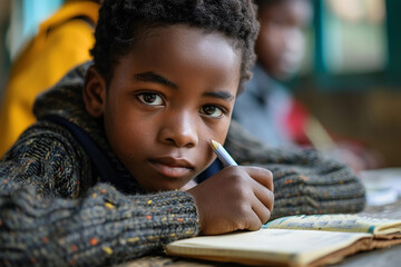 Young boy concentrating on homework with a pencil in hand