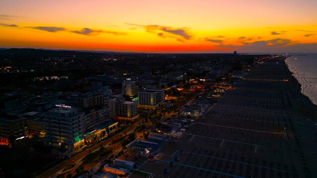 Famous Italian resort city Rimini view from a drone at sunset in summer