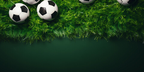 Sports style border design with soccer balls and grass background flatlay.