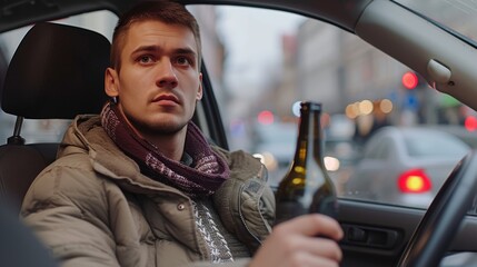Dangerous consequences  young man driving under the influence of alcohol with wine bottle