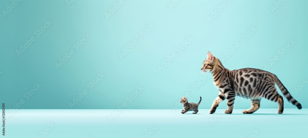 Poster elegant fluffy cat walking on pastel background with copy space for text placement