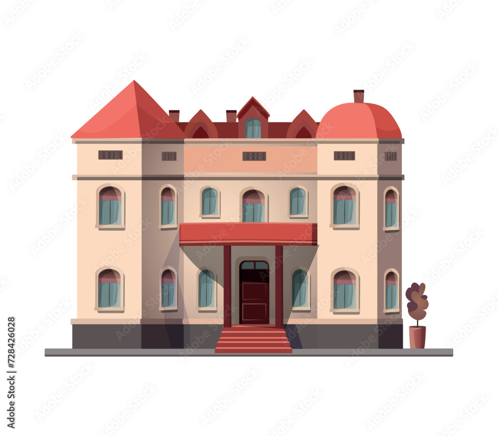 Poster building of colorful set. presentation of the architectural elegance of an old-style public building